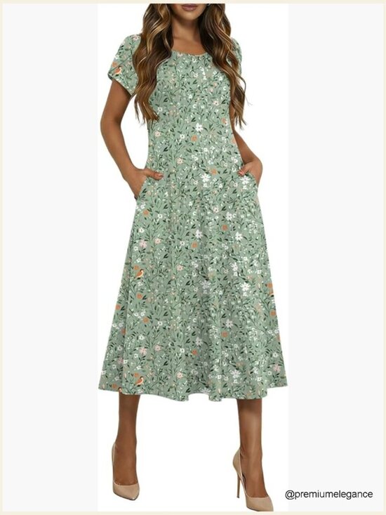 Dresses & Skirts - Loose Fit Midi Dress with Petal Sleeves, A-Line Flare, Two Pockets